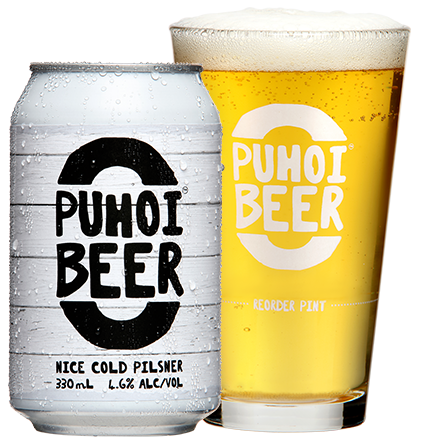 can of Puhoi Beer next to a full glass of Puhoi Beer